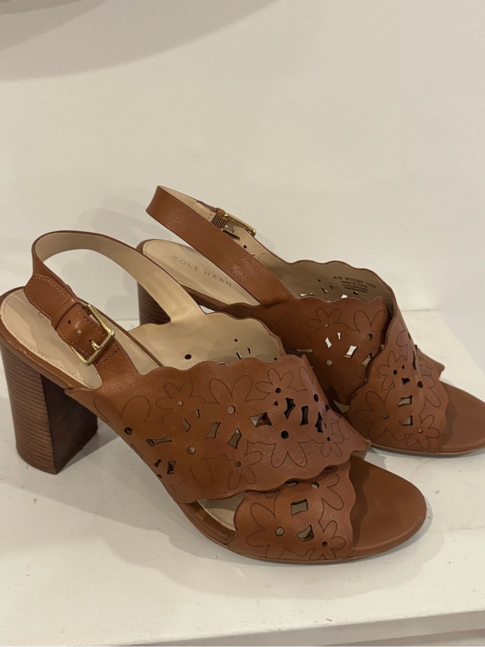 Cole Haan Tan Leather Block Heel Sandals with Scalloped Insole